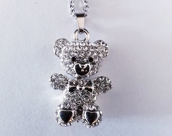 fancy teddy bear pendant necklace decorated with transparent rhinestones