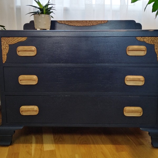 SOLD/ Upcycled hand-painted navy/blue oak sideboard/ cabinet/ chest of drawers available for commissions . EXAMPLE PIECE