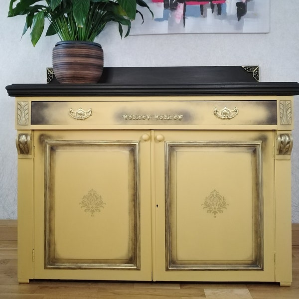 NOW SOLD/ Commissions taken/ Bespoke Upcycled Mustard Sideboard/ Cabinet/ Unit - Edo's Furniture - Hand Painted - Mahogany