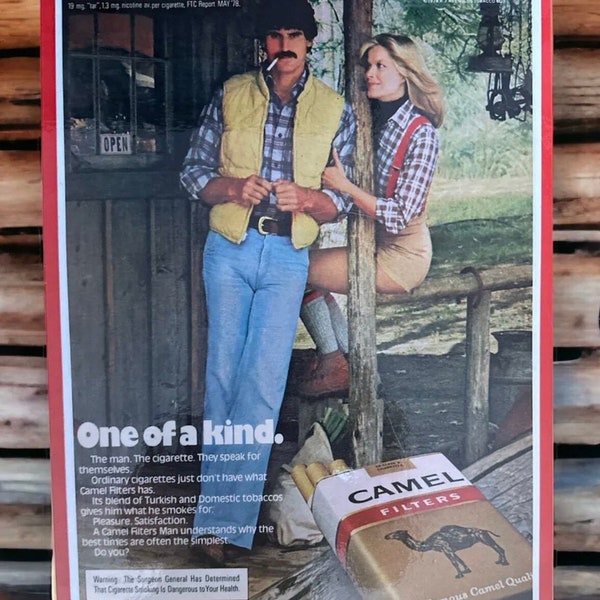 Vtg 70’s Camel Cigarette Poster   1978 Laminated Print Ad Rustic Cabin Mustache Man Blonde Babe Bar Art Retro Mancave Wall Art Decor Bar Art