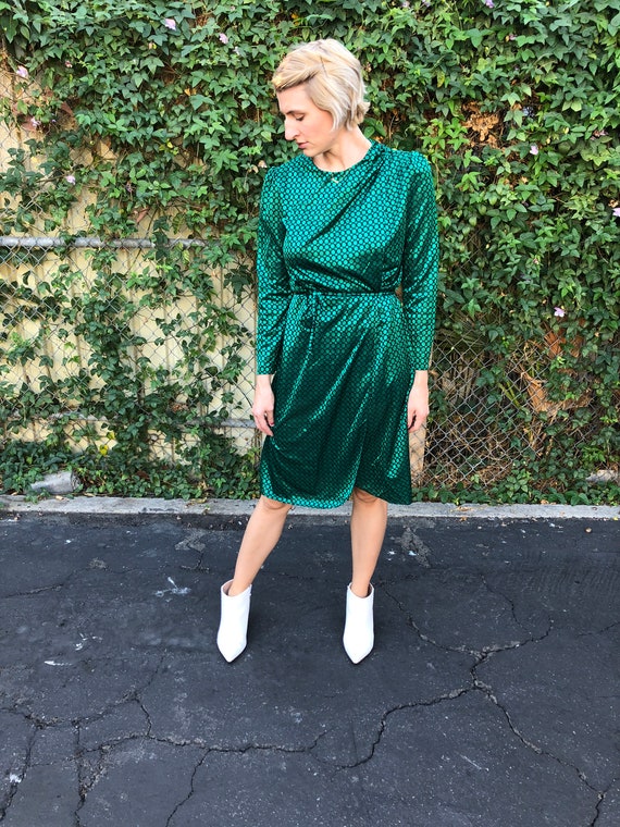 Vintage 1960/'s Metallic Gold Holiday Cocktail Shift Dress with Crystal and Velvet Embellishment
