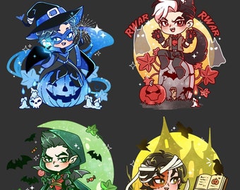 May include: Four illustrated characters dressed in Halloween costumes. The characters are Robin, Nightwing, Red Hood, and Tim Drake. Each character is holding a jack-o-lantern and is surrounded by Halloween decorations. The text "ROBIN SPOOKY COLLECTION" is at the top of the image.