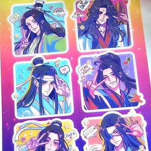 May include: A sticker sheet with six anime-style illustrations of male characters. Each character is in a different pose, with speech bubbles and decorative elements. The colour palette includes blues, reds, and yellows.
