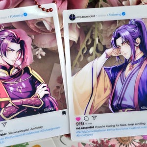 May include: Two rectangular cards with anime-style illustrations of male characters. The cards are framed with a white border, resembling social media posts. The characters have purple hair and are dressed in ornate clothing. Text is included at the bottom of each card.