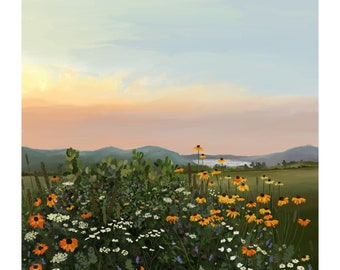 Field of Wildflowers Sunset Illustration, Giclee Art Print, Digital Painting, Sunset Wall Art