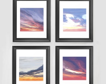 Sunset Skies with Abstract Clouds Series Set of 4 Giclee Art Prints, Sunset Sky illustrations, Nature Print Set Wall Art