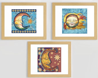 Sun and Moon illustrations Set of 3 Giclee Art Prints, Whimsical Dream Print Set, Celestial Wall Art