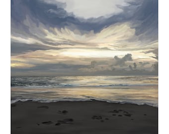 May include: A painting of a beach scene with a golden sunset over the ocean. The sky is filled with clouds in shades of blue, gray, and white. The beach is sandy and there are footprints in the sand.