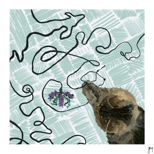 Playful Cat with String Giclee Art Print, Brown and Black Tabby Cat Illustration, Playroom Wall Art