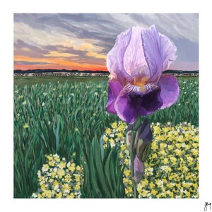 Flower Sunset Illustration, Giclee Art Print, Purple Iris, Sunset Wall Art