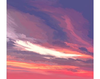 Purple + Pink Sunset Sky Illustration Giclee Art Print, Colorful Abstract Sunset Clouds Digital Painting, Peaceful Sunset Wall Art