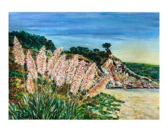 California Beach Sand Dunes Before Sunset Giclee Art Print, Beach Illustration, Acrylic Painting, West Coast Wall Art