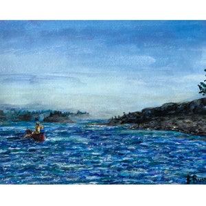 Ocean Canoe Adventures with Morning Fog Giclee Art Print, Seascape Acrylic Painting, Coastal Maine Wilderness Wall Art