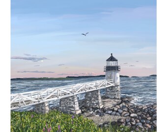 Marshal Point Lighthouse at Sunset Giclee Art Print, Maine Lighthouse Illustration,  Coastal Wall Art