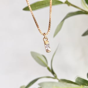 Gold Filled Baguette Necklace: Minimalist Cubic Zirconia Charm