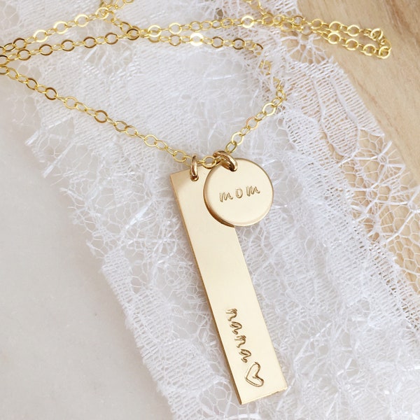 vertical bar + disc necklace | personalized jewelry | gold bar necklace | name date necklace | gold rose silver | 1.25" + 9mm