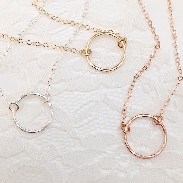 dainty circle necklace in gold filled, rose gold, sterling silver | minimalist layering necklace | simple dainty hammered jewelry gift| 13mm