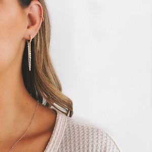 dangling gold chain hoops | click huggie hoop earrings | 5% 18k gold filled earrings (1/20) | women’s hoops with CZ gems | 12mm hoops