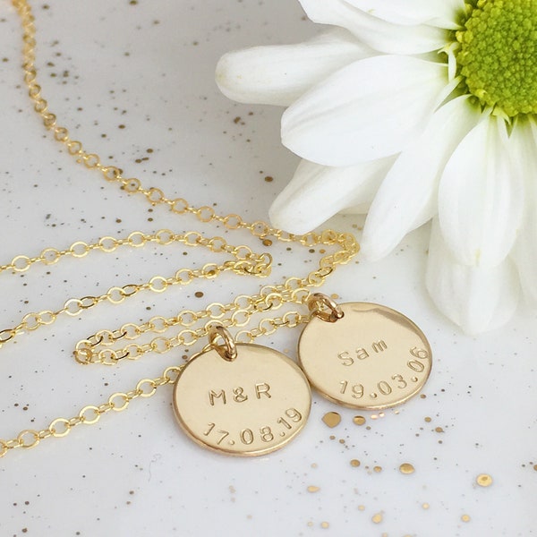 multi disc personalized necklace | customized jewelry for mom, grandma, auntie, friend, sister | gold filled, rose gold, silver | 13mm disc