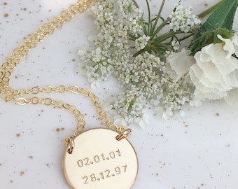 large disc necklace | personalized jewelry | customized necklace | name necklace | date necklace | gold rose gold silver | 16mm disc 2 hole