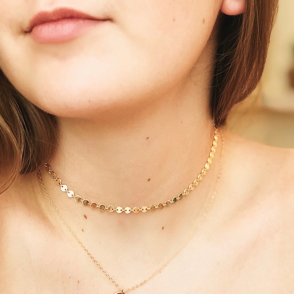 coin choker - silver, gold filled, or rose gold filled | shimmering sequin choker necklace | flat disc layering necklace | gold choker |4.1m