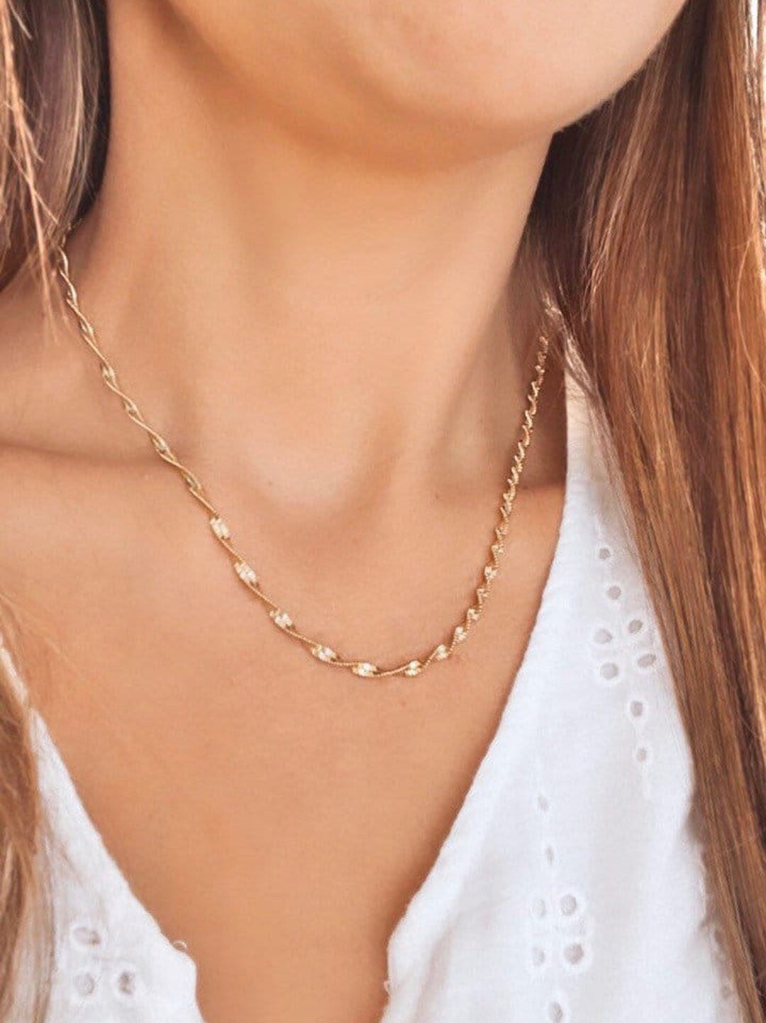 Twisted Herringbone Necklace in 18k Gold Filled Layering Necklace Gold