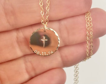 Personalized Cross Necklace - Gold Filled, Sterling Silver, Rose Gold, Baptism Gift, Custom Date Disc. 16mm