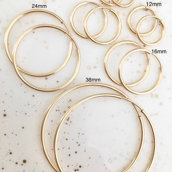 14k gold filled hoop earrings | women’s dainty endless gold hoops | everyday earrings | continuous hoop earrings | 1 pair hoops | 1.3mm