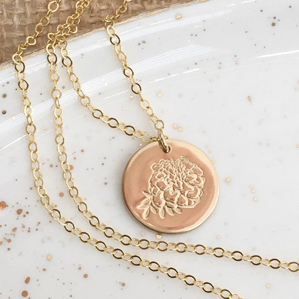 birth flower necklace for birthday gift | customized necklace in gold filled, rose gold filled, or sterling silver | 16mm disc | 5/8”