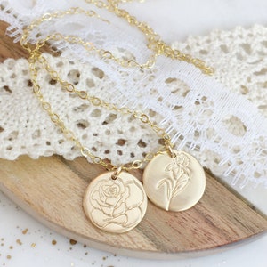 birth flower necklace | birthday jewelry | customized necklace | new mom gift | gold filled necklace, rose gold necklace, silver | 13mm disc