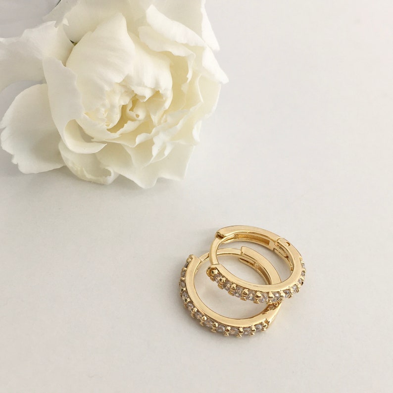 Small Sparkle Gold Hoops Click Huggie Hoop Earrings 18k Gold Filled