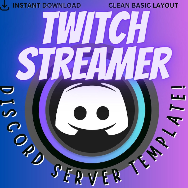 May include: A purple and blue graphic with the text "Twitch Streamer Discord Server Template!" in white. The graphic features a white Discord logo with a blue and purple ring around it.