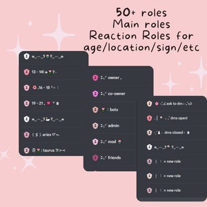 May include: A digital illustration of a Discord server with a pink background and a variety of reaction roles for members. The roles include age, location, zodiac sign, and more. The text on the image reads "50+ roles Main roles Reaction Roles for age/location/sign/etc".