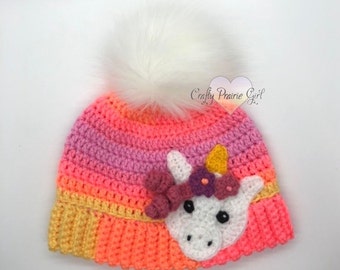 Multi-Colour Unicorn Crochet Hat with Removable White Faux Fur PomPom