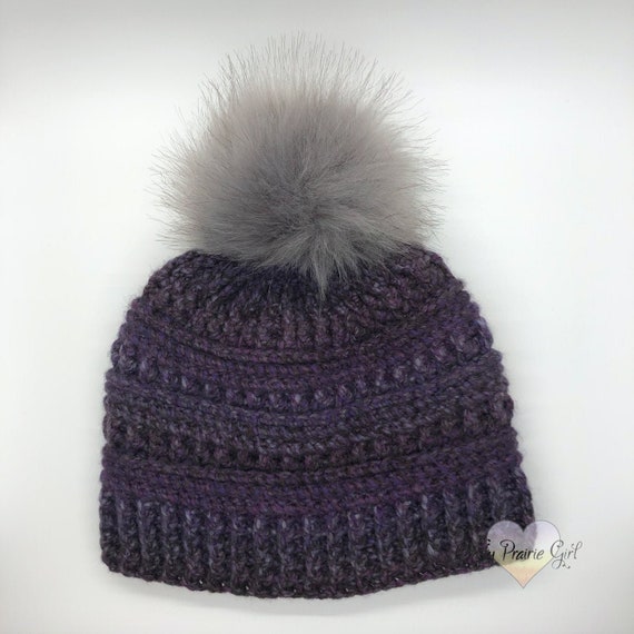 Purple and Grey Crochet Hat With Removable Grey Faux Fur  display picture 2