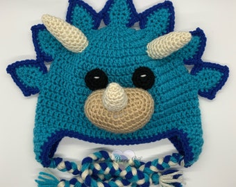 明るいブルーの恐竜かぎ針編み帽子 - トリケラトプス / 恐竜をテーマにしたギフト