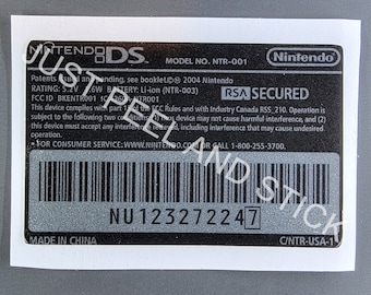 Gameboy DS System Back Label Reproduction Replacement Decal Sticker Nintendo