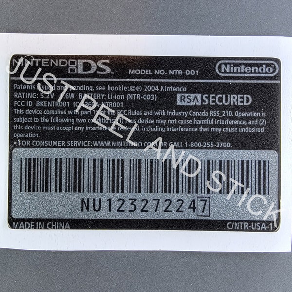 Gameboy DS System Back Label Reproduction Replacement Decal Sticker Nintendo