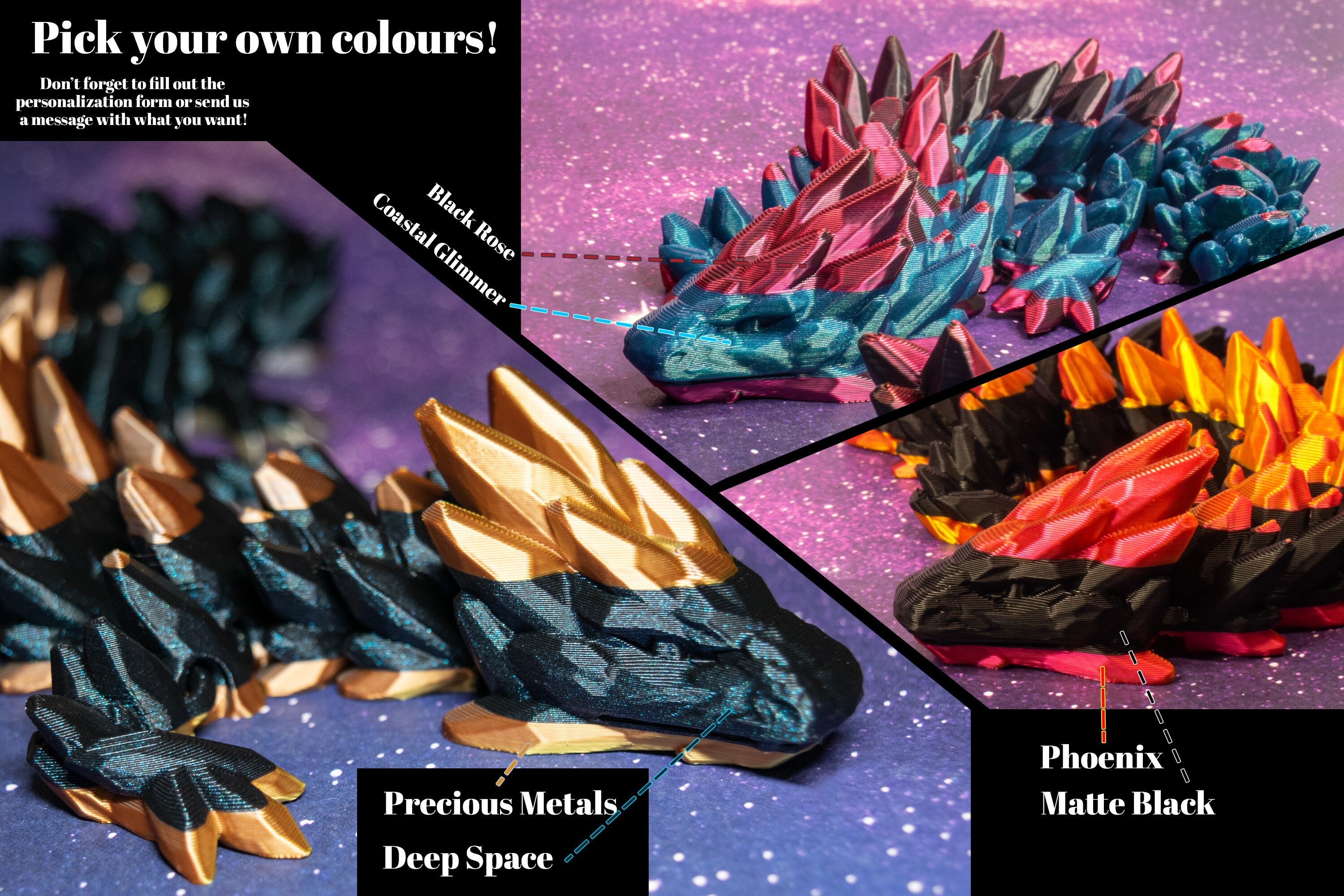 3Dプリントドラゴン、関節式クリスタルドラゴン、宝石スタイル