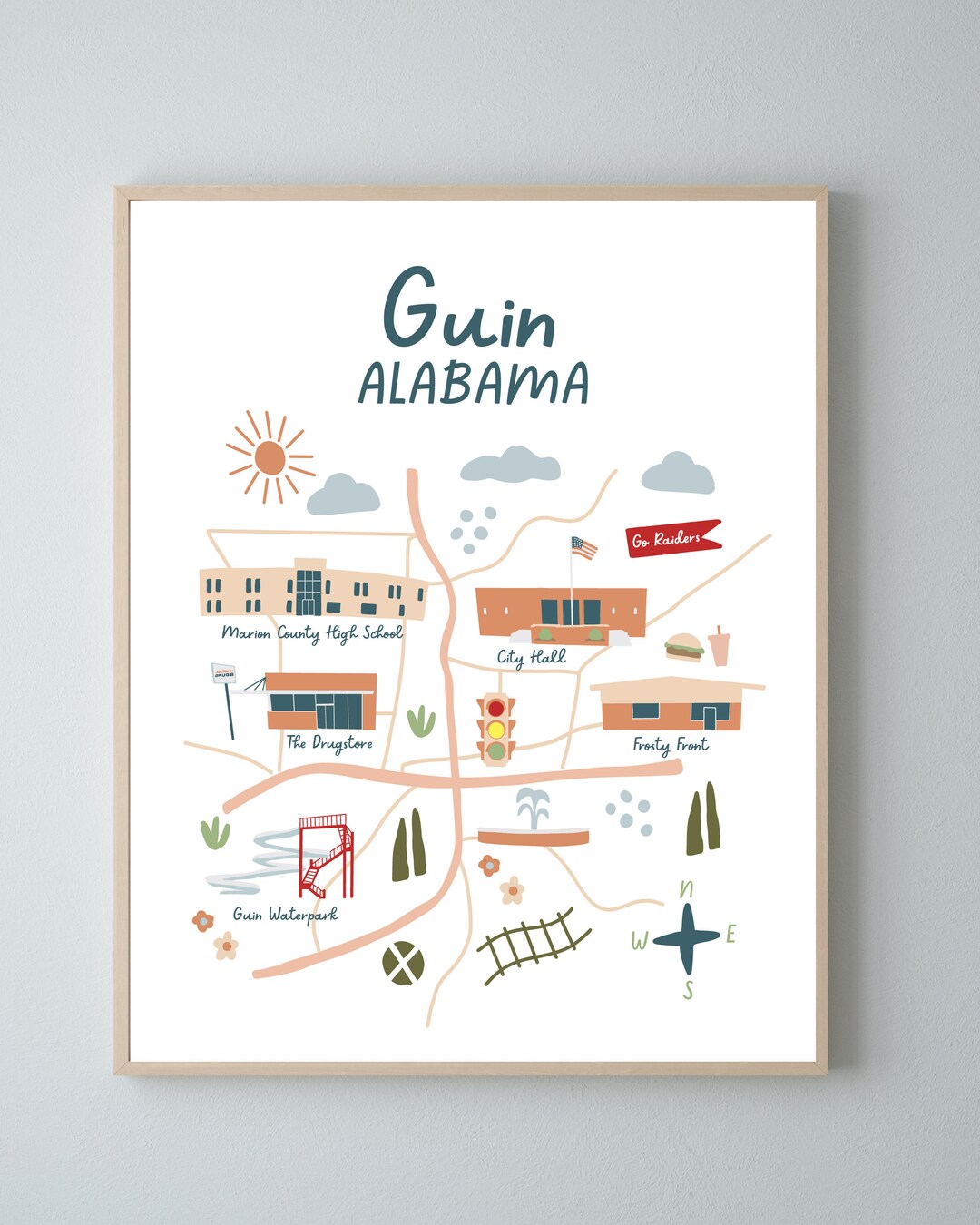 Guin Alabama Map Print Illustrated City Map Etsy