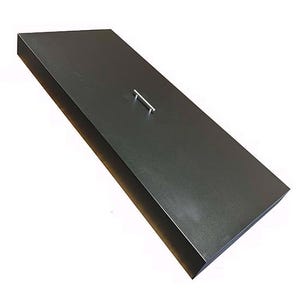 May include: A rectangular, dark gray metal fire pit cover with a small, silver handle. The cover has a smooth, matte finish and is designed to protect the fire pit from the elements. The handle is centered on the top surface.