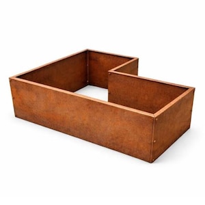 May include: A rectangular, open-top planter box with a stepped design. The box is made of weathered, reddish-brown metal, with visible rivets at the corners. The design features two connected rectangular sections, creating a unique shape.