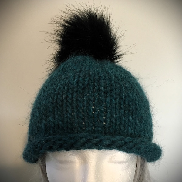 Super Warm and Soft Chunky Roll Brim Hand Knitted Hat with detachable fur pompom - Teal with Black Pom - Adult size - Alpaca Wool Blend
