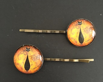 Pretty Black Cat Hairpins / Clips - Orange - Bronze (sold in pairs)