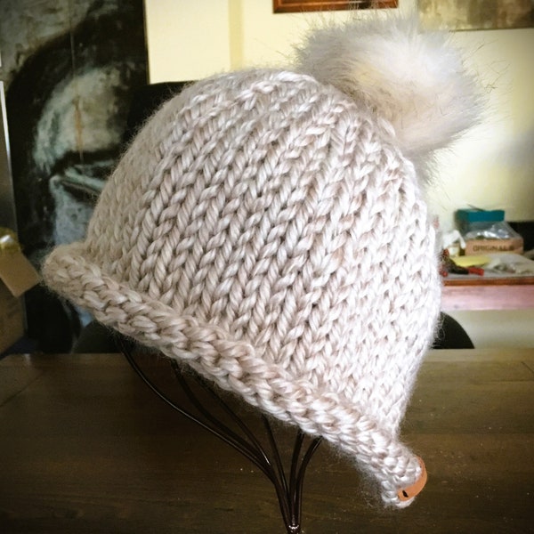 Super Warm and Soft Chunky Roll Brim Hand Knitted Hat with detachable fur pompom - Earthy Cream with Cream Pompom - Unisex - Medium / Large