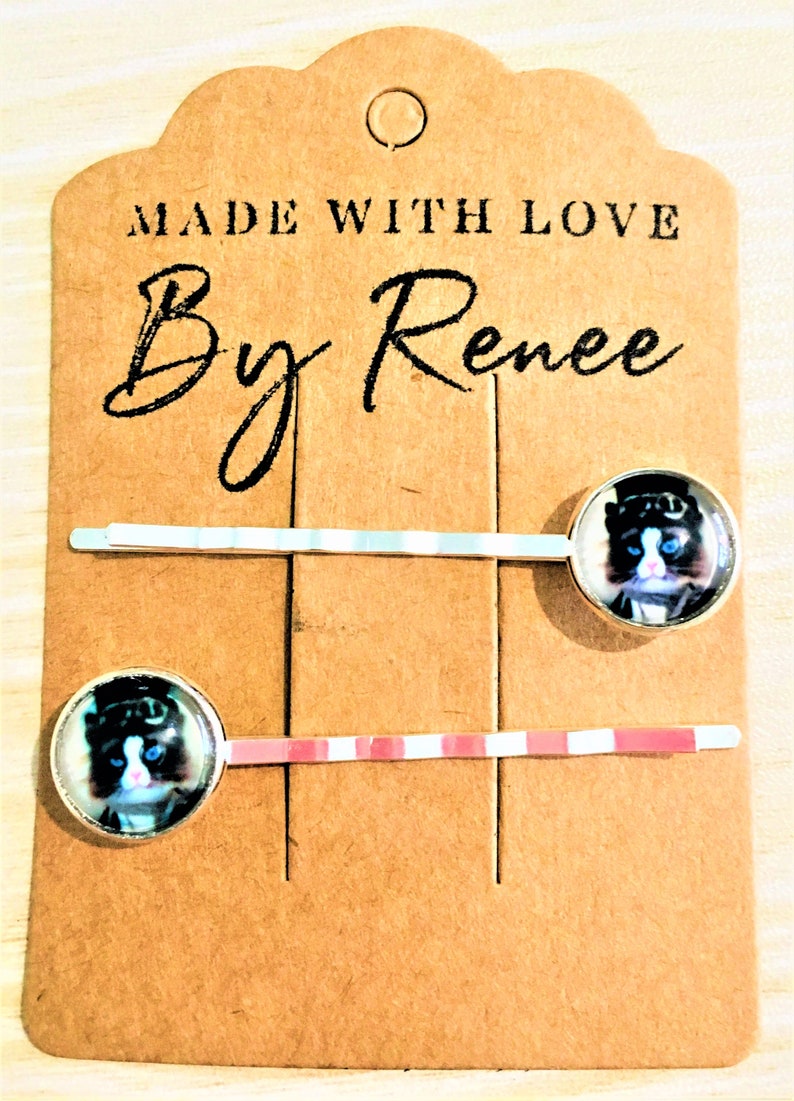sold in pairs VIntage Style Bright Silver Tone Bobby Pin with Steampunk Kitty Gems