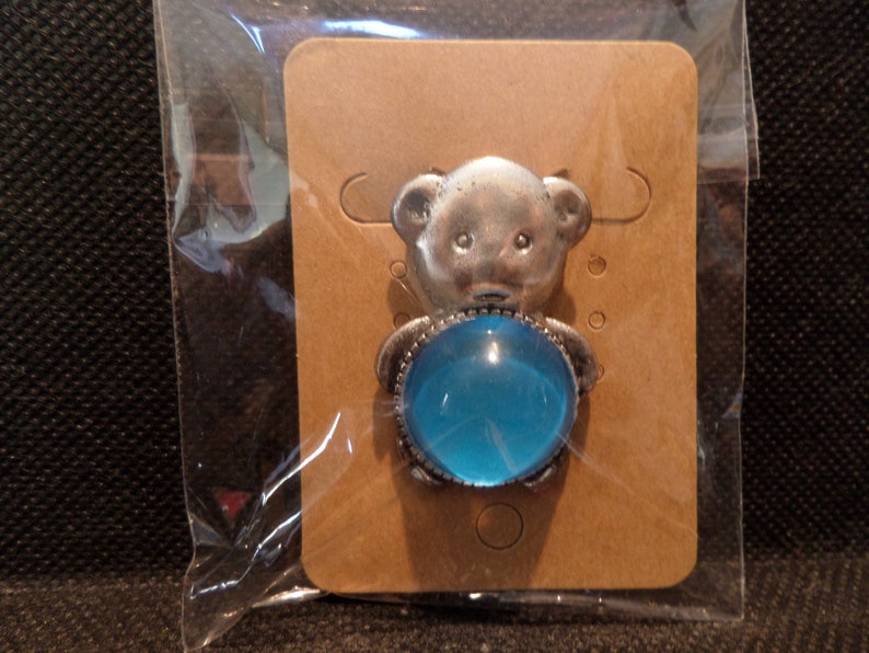Vintage Style Antique Silver Tone Teddy Bear Brooch with Bright Blue Gem
