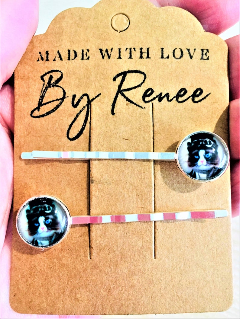 sold in pairs VIntage Style Bright Silver Tone Bobby Pin with Steampunk Kitty Gems