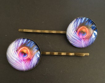 Pretty Purple Peacock Feather Hairpins / Clips - Bronze (sold in pairs)