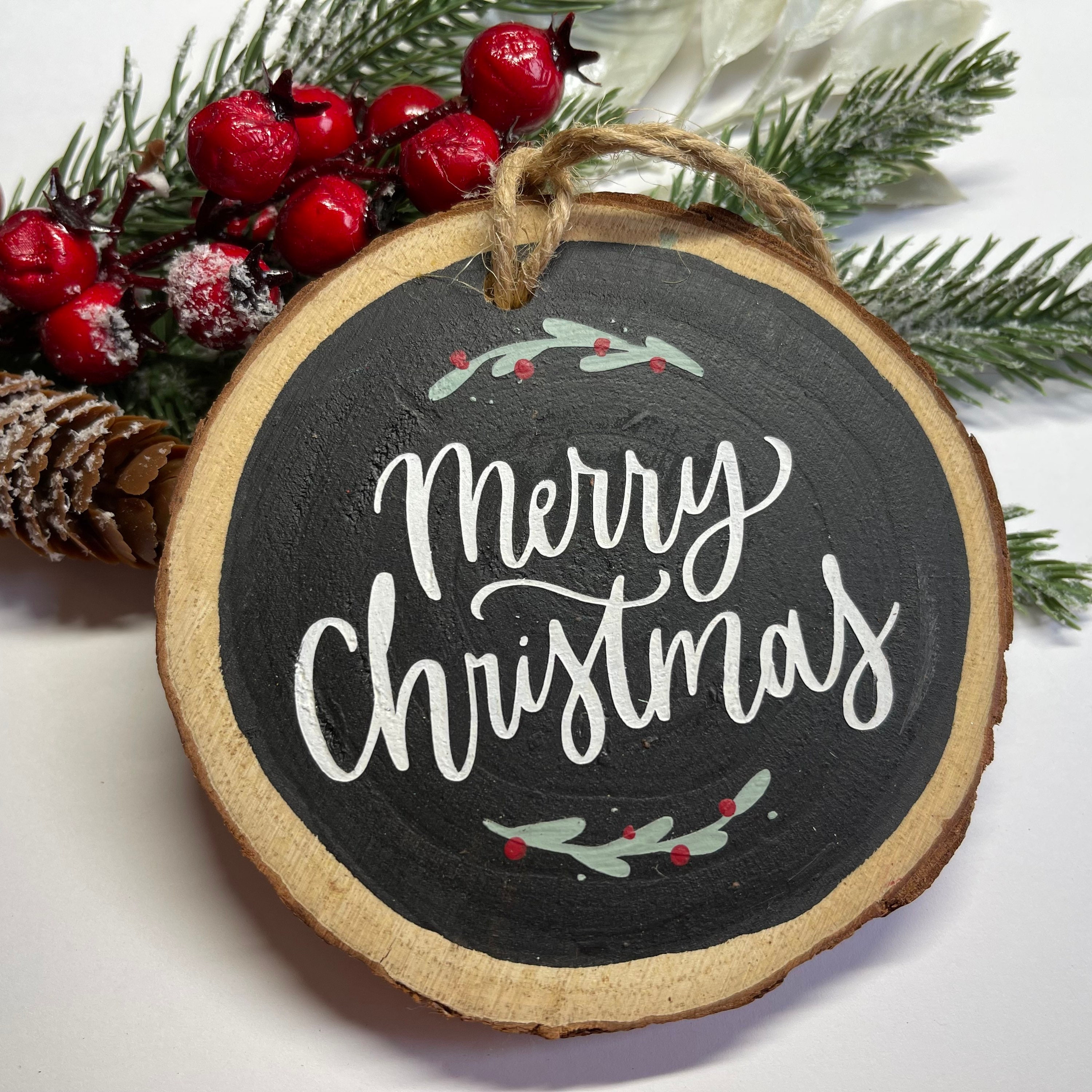 Merry Christmas - Wood Slice Christmas Ornament - Hand Painted - Gift ...